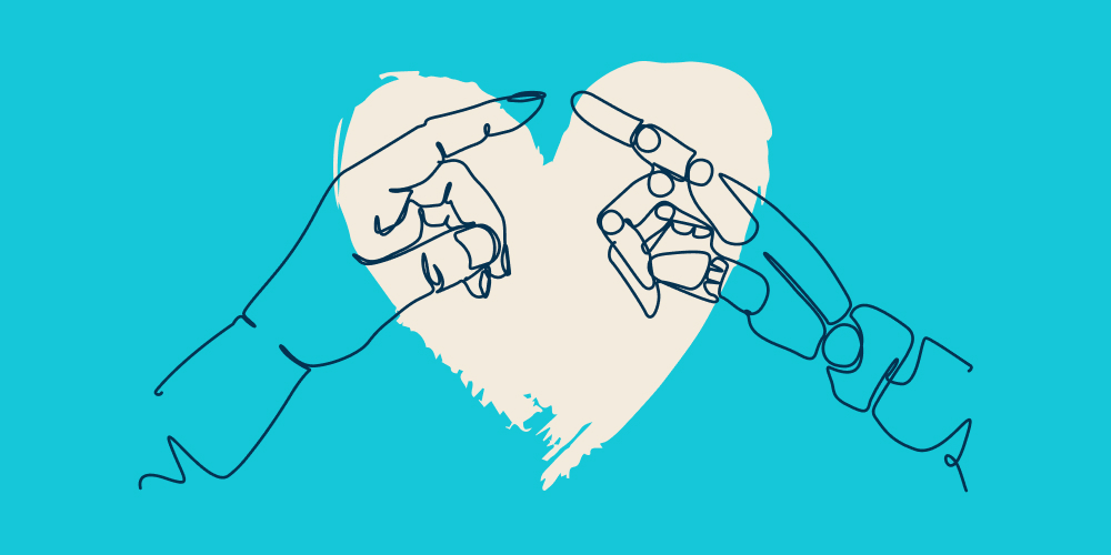 Illustration of human hand interacting with robot hand.