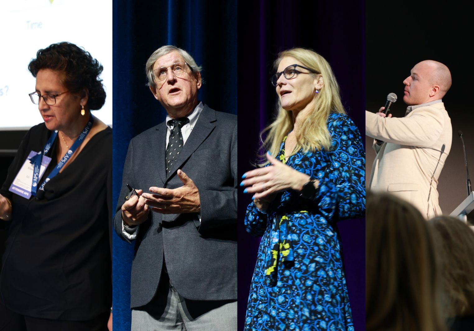 Four images in a row of presenters speaking at the 2025 APS Festival of Psychology