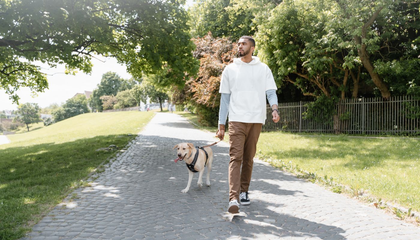 Man walking dog in park.